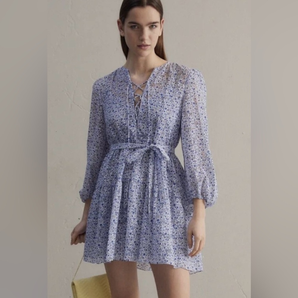 Maje Long Sleeve Floral Dress in Blue and White